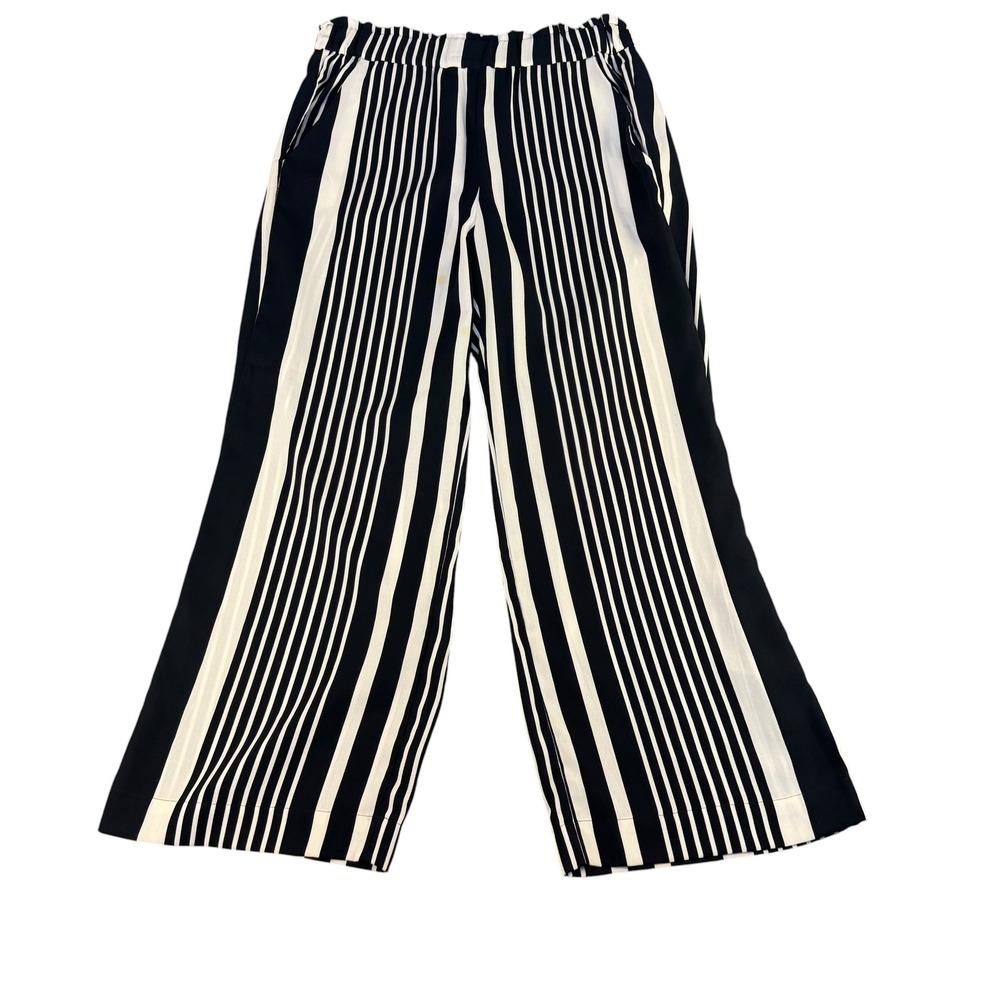 HM Womens Black White Striped‎ Wide Leg Pants Paperbag Waist Size 12 0454438 5